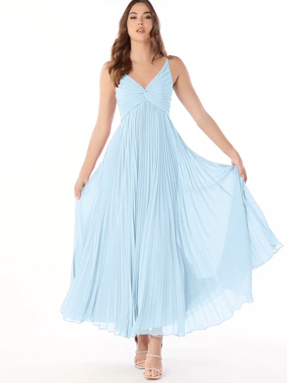 Azazie Light Blue Pleated Maxi Dress with V-Neck